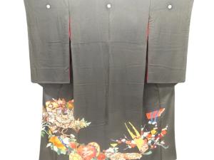 アンティーク　錦紗鏡裏に和楽器・草花模様留袖